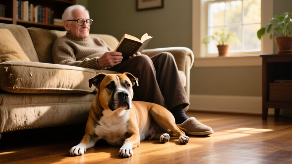 An older pit bull resting peacefully at their owner's feet while the person reads on the sofa, both relaxed and content