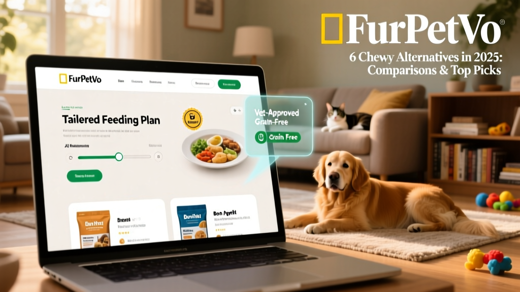 Screenshot of the FurPetVo website showing a clean, intuitive interface with a featured ‘Tailored Feeding Plan’ tool and vet-reviewed product badges