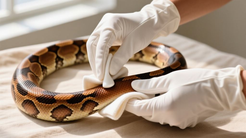 White-gloved hands gently applying pH-balanced conditioner to a tan python skin necklace using a soft microfiber cloth.