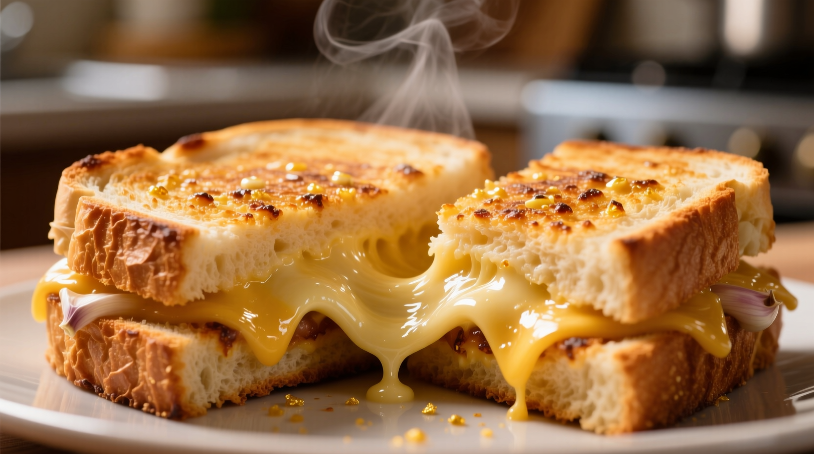 Golden garlic bread grilled cheese sandwich with melted cheese pull