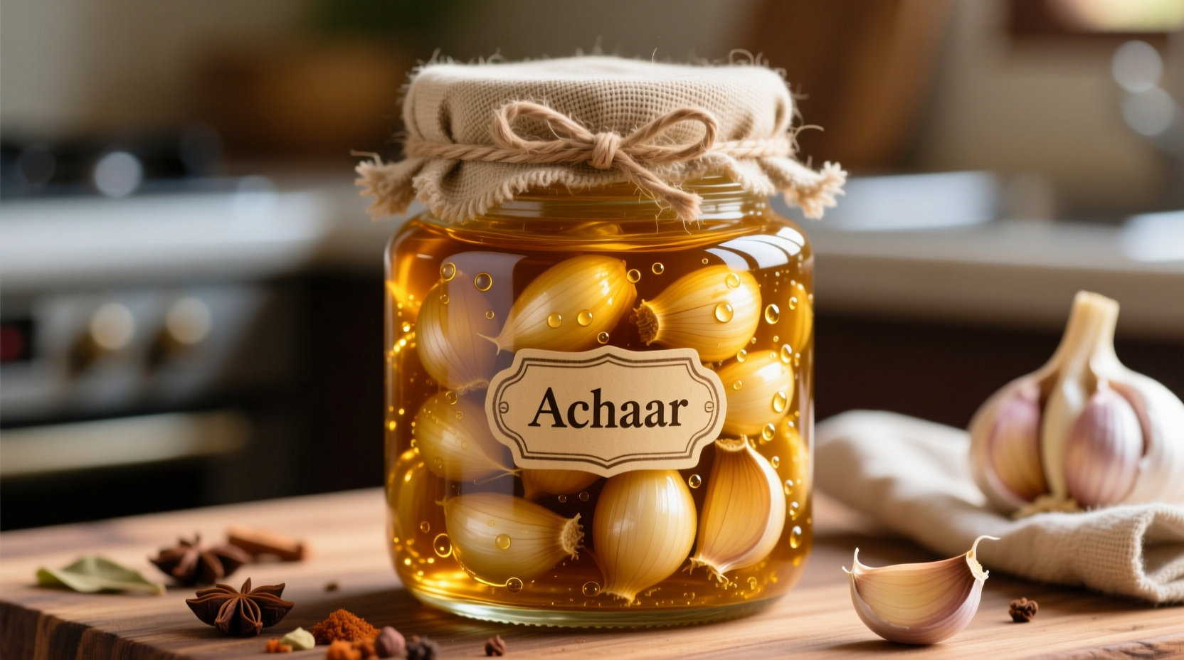 Traditional glass jar of golden garlic achaar with whole cloves