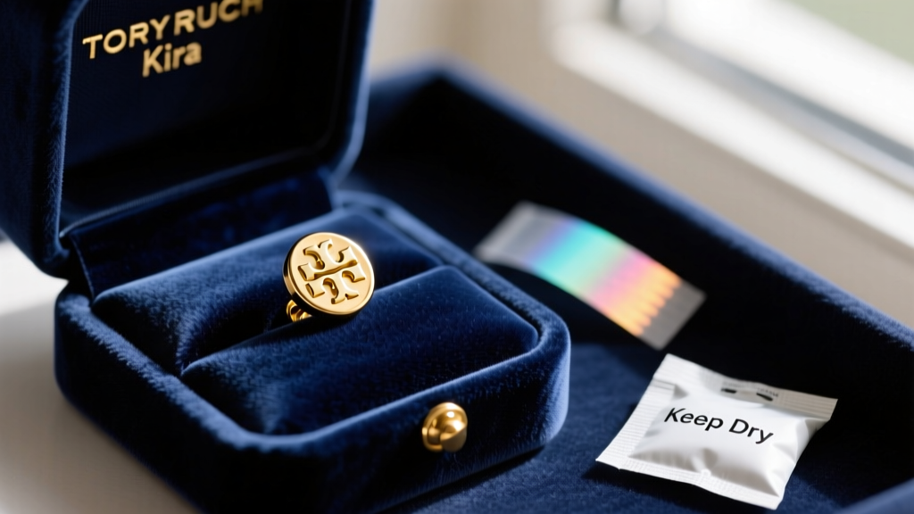 Tory Burch Kira gold-plated studs resting inside a dark velvet jewelry box next to an active anti-tarnish strip and silica packet.
