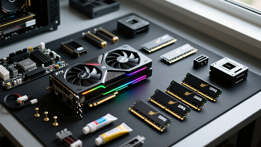 Overhead view of disassembled gaming PC components, RTX graphics card, and DDR5 RAM organized neatly on a dark anti-static workshop mat.