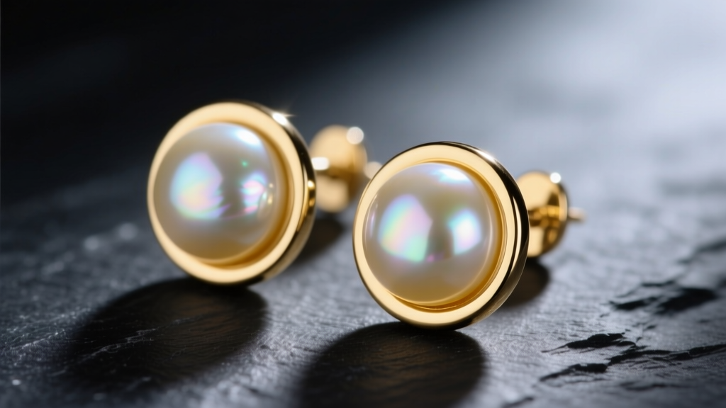 Macro shot of freshwater coin pearl earrings in 14k yellow gold, showing flat disc shape and high luster on dark slate.