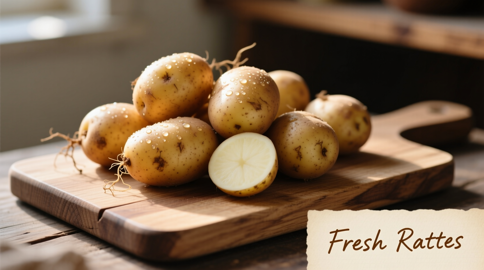 Fresh ratte potatoes on wooden cutting board