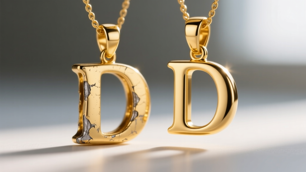 Macro shot comparing worn gold vermeil D pendant next to pristine 18k gold D initial, revealing edge wear and base metal exposure