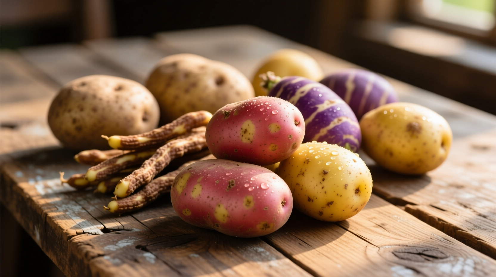 Close-up of different potato varieties on wooden table