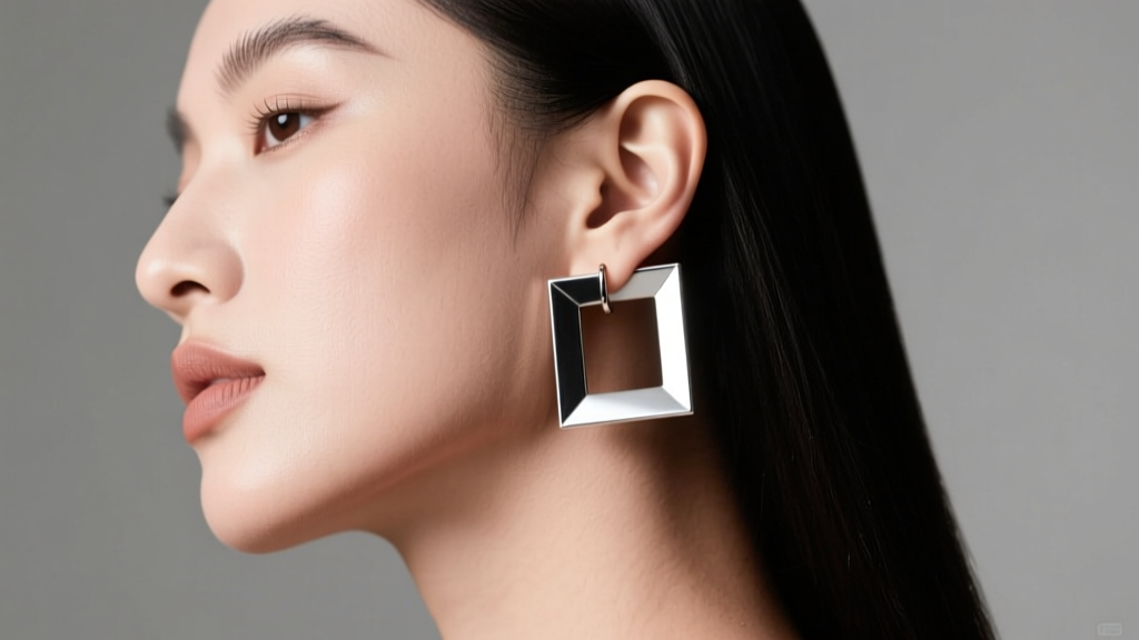 Side profile of model wearing 18-gauge sterling silver square hoop earrings, showing geometric drop against soft studio lighting.