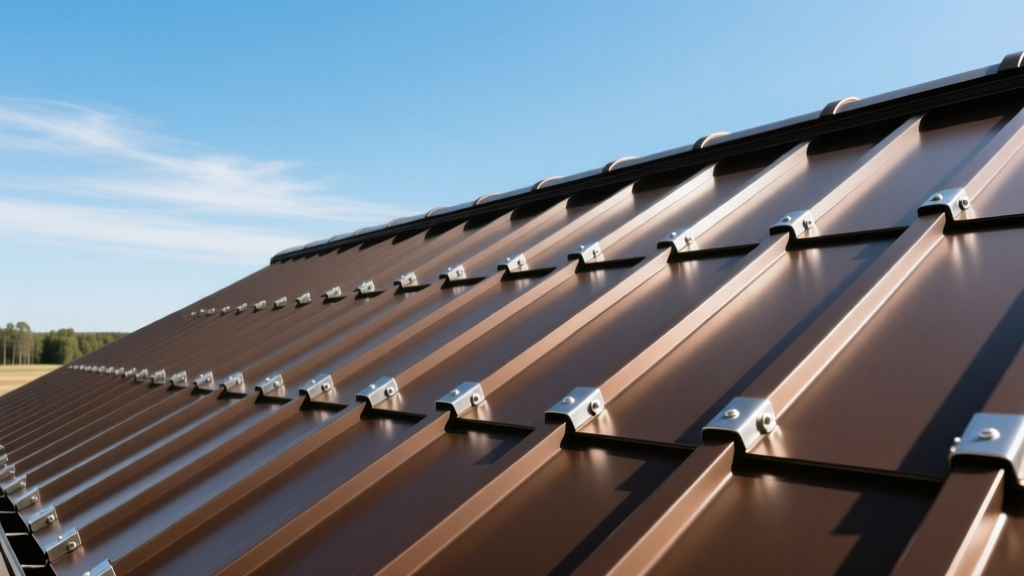 Standing seam metal roof installation showing interlocking dark bronze panels and stainless steel clips against a clear sky