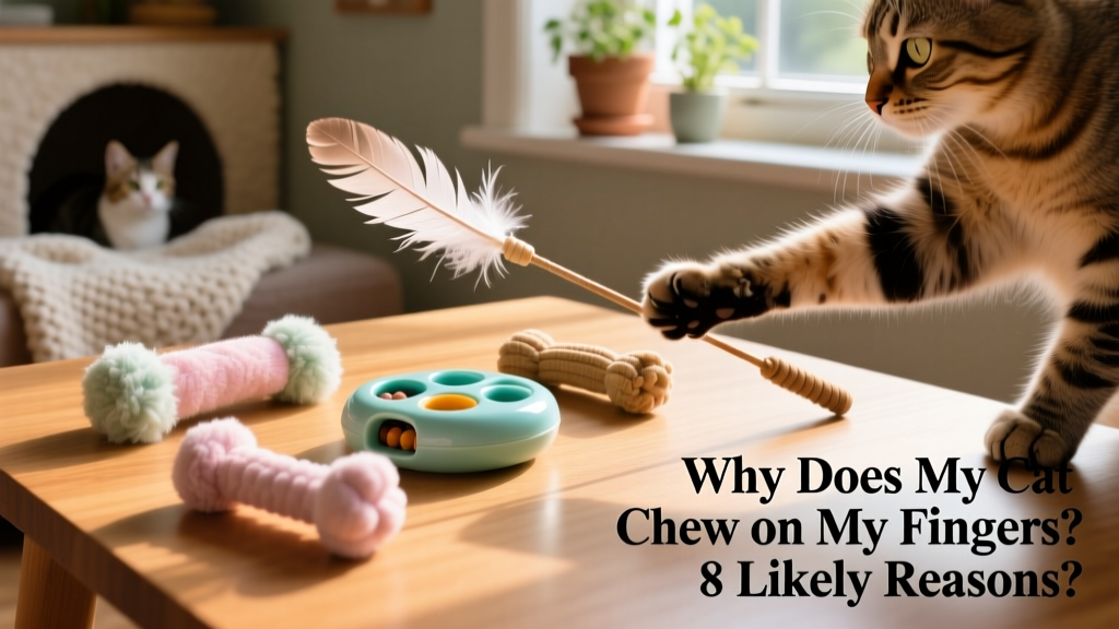 Assortment of safe, vet-approved cat toys including feather wands, treat puzzles, and soft chew toys