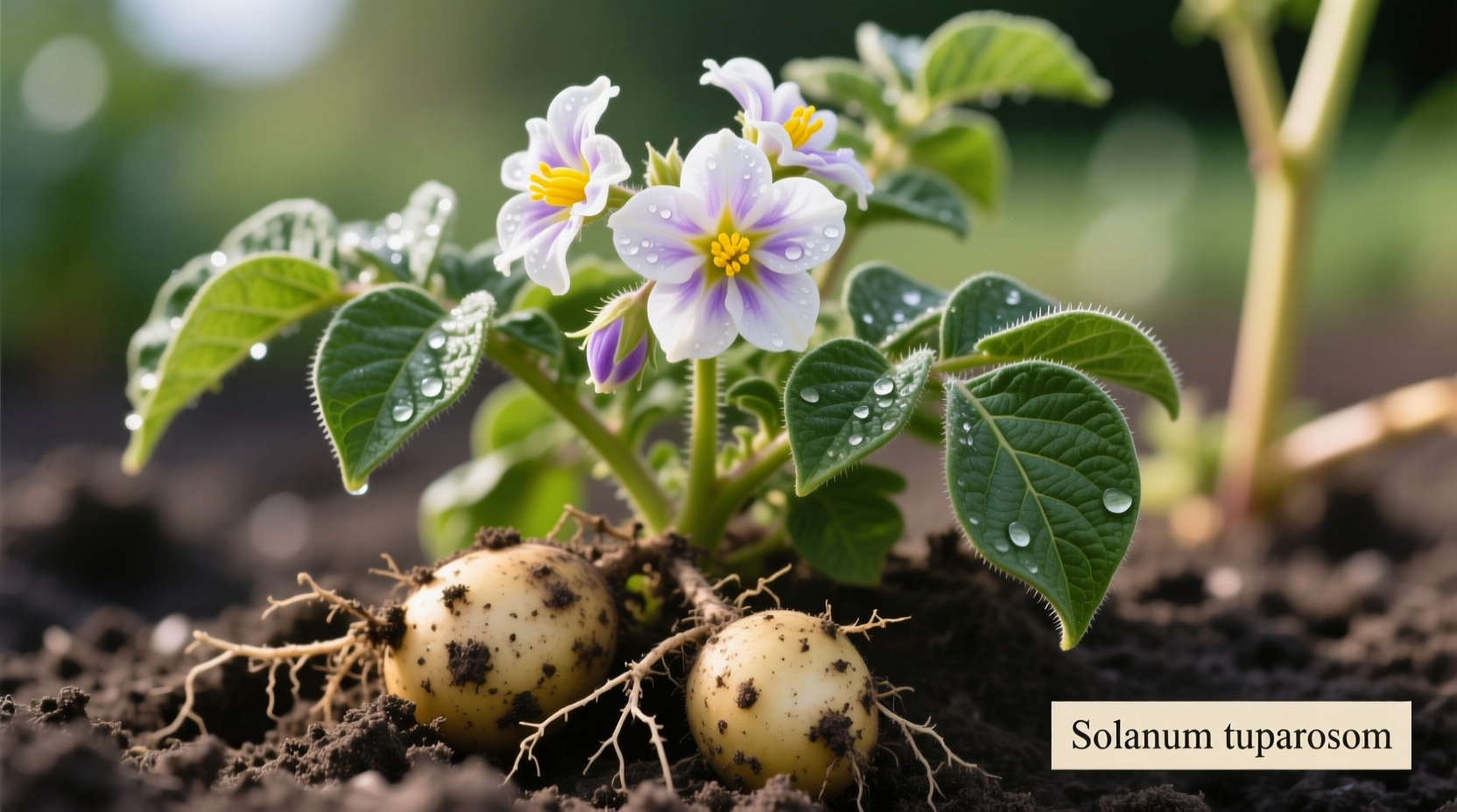 Close-up of potato plant with flowers and tubers