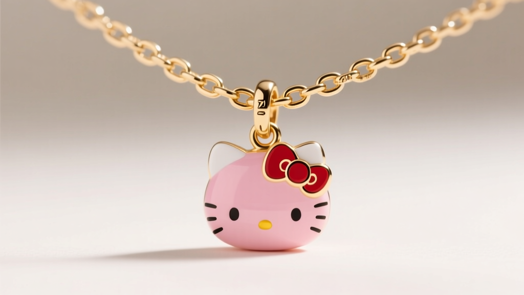 Close-up of a 1.2mm 14k gold box chain threading through the bail of a Hello Kitty charm under soft studio lighting