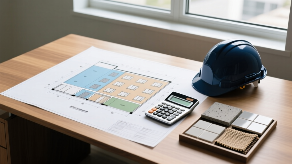 Architectural blueprint of a five-story midscale hotel laid out on a desk next to a calculator, material samples, and a hard hat