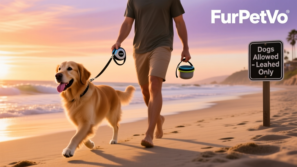 Dog owner using a FurPetVo retractable leash and portable water bowl on Laguna Beach at sunset