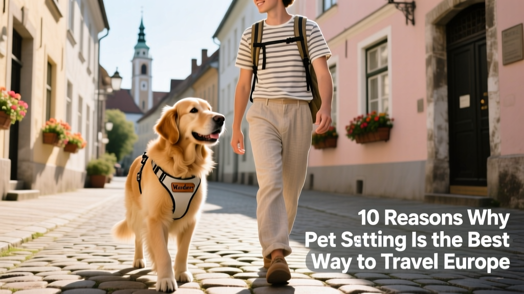 Dog and person walking side by side on a cobblestone street in a charming European town