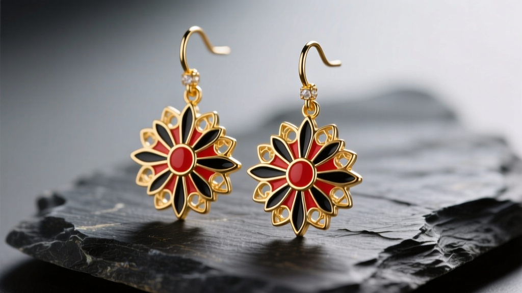 Macro view of gold vermeil Hanafuda drop earrings with red and black enamel sunburst patterns resting on textured dark slate stone