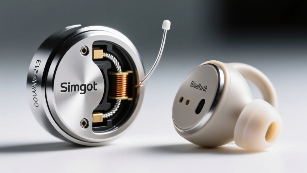 Macro shot comparing Simgot EW200 metallic faceplate and generic plastic Bluetooth earbud casing showing internal antenna wire