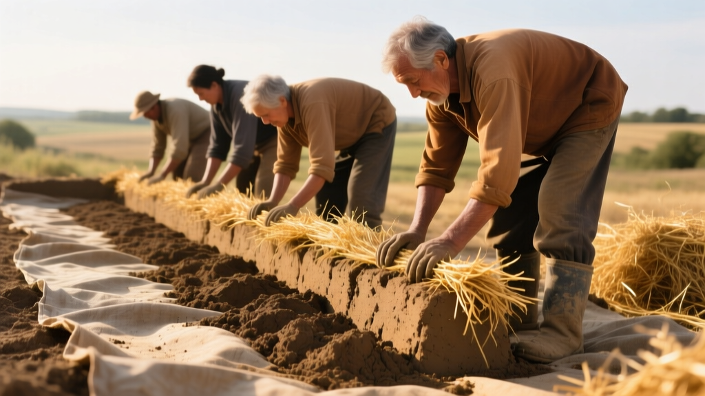 Workers treading a mixture of clay-rich subsoil, sand, and golden straw on a heavy tarp to form earthen cob for a natural wall