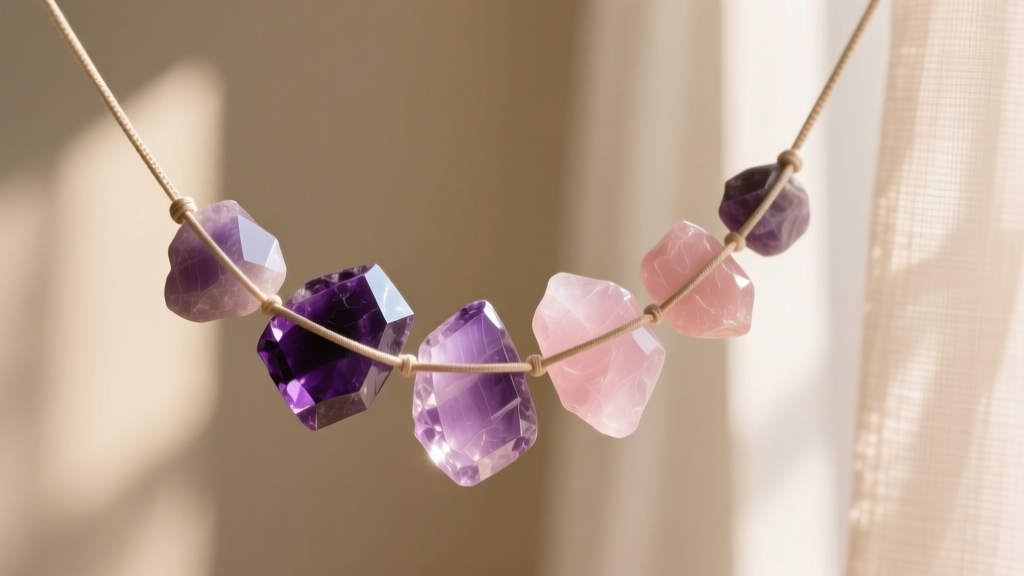 Close-up of amethyst and rose quartz chip necklace on elastic, showing irregular stone shapes and facets in soft warm sunlight.