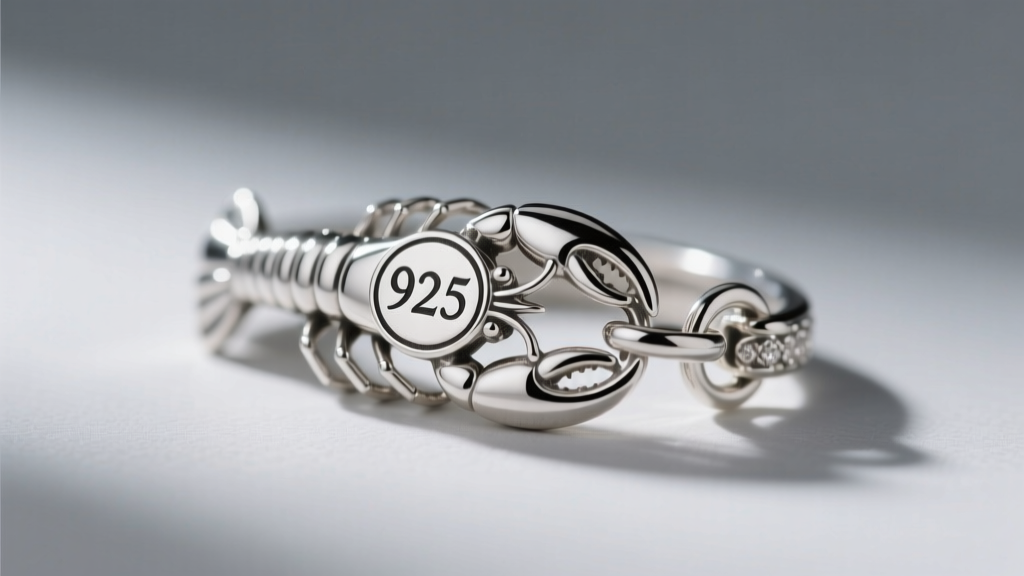 Macro close-up of a 925 sterling silver hallmark stamp on a delicate lobster clasp, sharp focus against a neutral gray background.