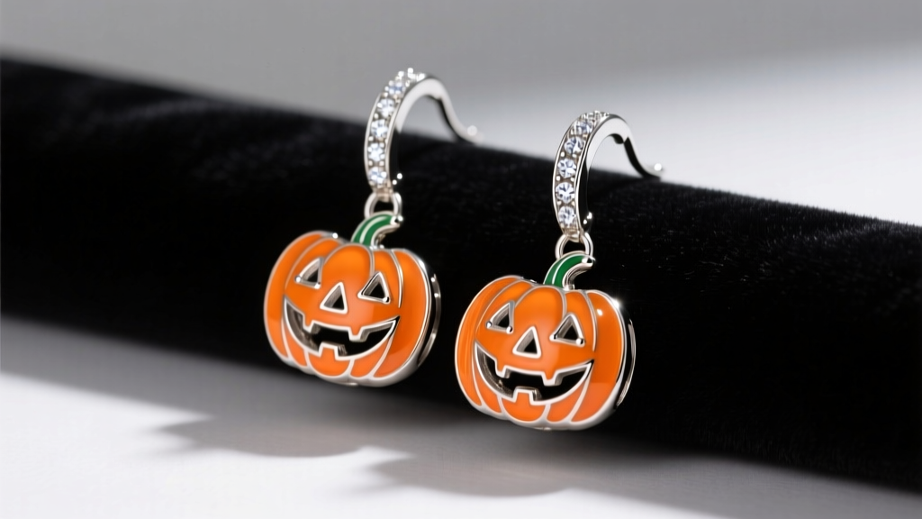 Sterling silver jack o lantern dangle earrings with vibrant orange vitreous enamel and diamond accents resting on dark velvet.