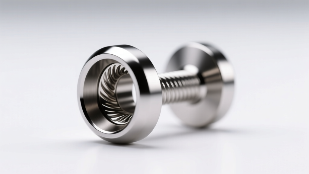 Extreme close-up of a titanium labret stud post with internal threading, displayed against a clean, bright white studio background.