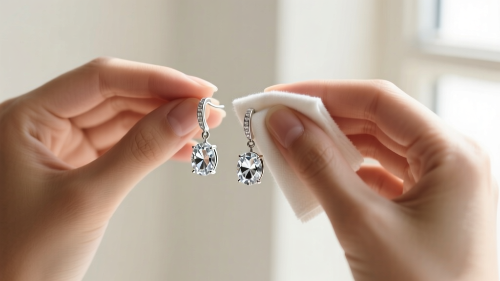 Close-up of hands using a soft microfiber cloth to gently polish 925 sterling silver drop earrings with clear faceted crystals.