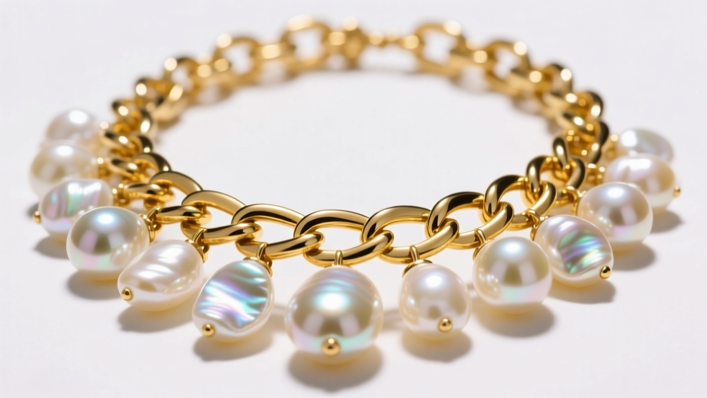 Asymmetrical necklace featuring baroque freshwater pearls and chunky 14k yellow gold chain links under bright studio lighting.