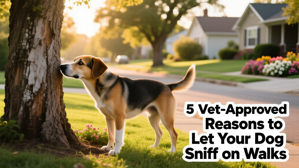 Dog calmly sniffing a tree trunk during a relaxed neighborhood walk