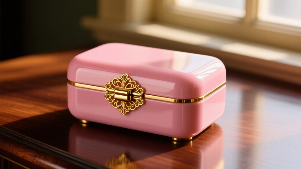 1930s vintage pink celluloid jewelry box on dark wood, warm light highlighting the gold filigree clasp and brass hinges