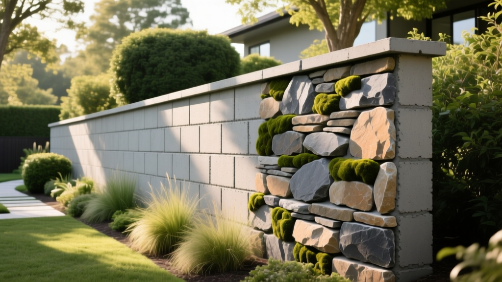Structural CMU block retaining wall being faced with natural stacked stone veneer and mortar in a landscaped garden setting