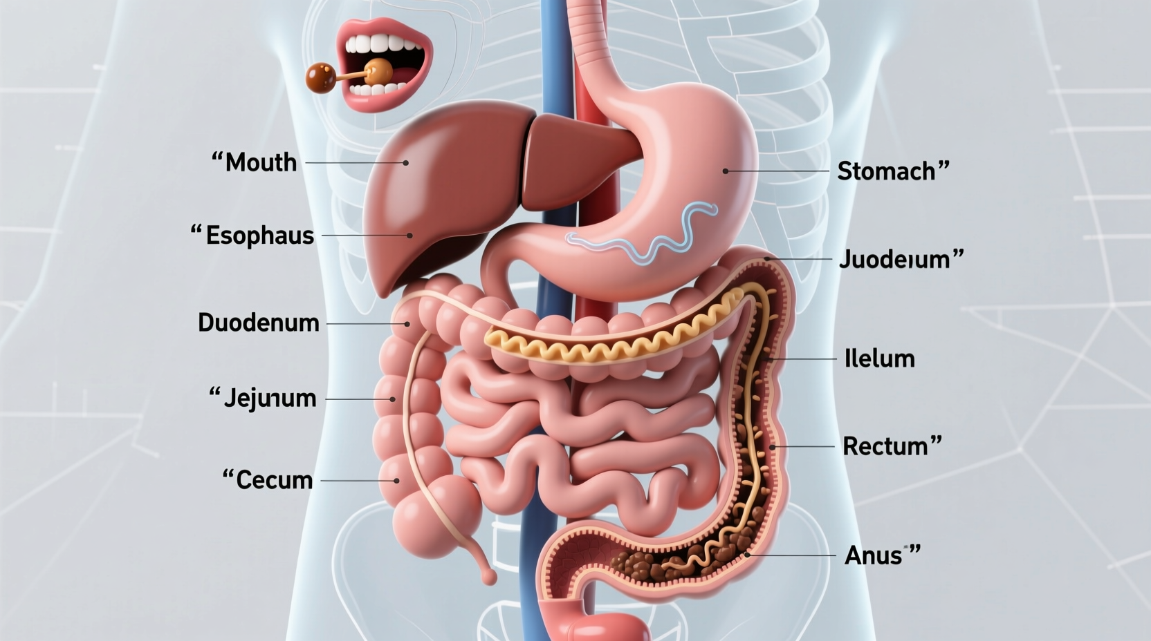 Human digestive system showing key organs involved in food digestion