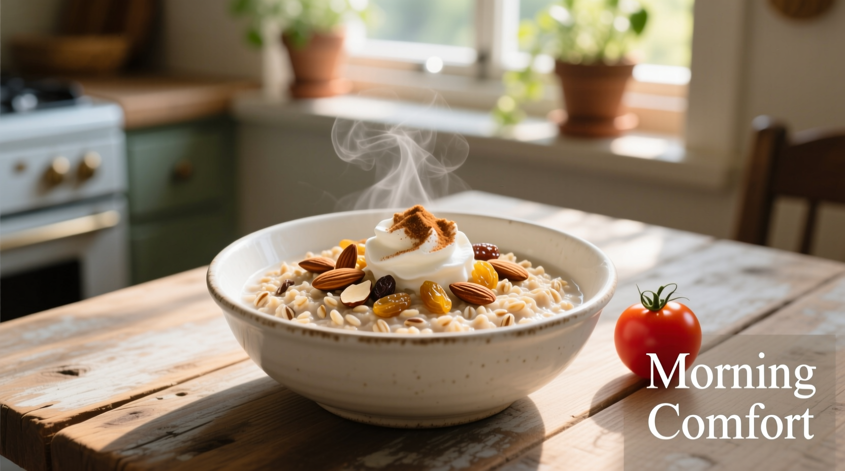 Creamy old fashioned oatmeal in white bowl with toppings