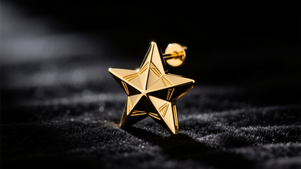 Macro shot of a 14-karat yellow gold threadless star earring end resting on dark velvet with dramatic, moody directional lighting