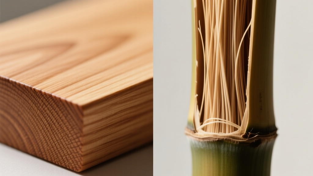 Side-by-side macro photography showing the tight closed grain of hard maple wood next to the fibrous longitudinal strands of split bamboo