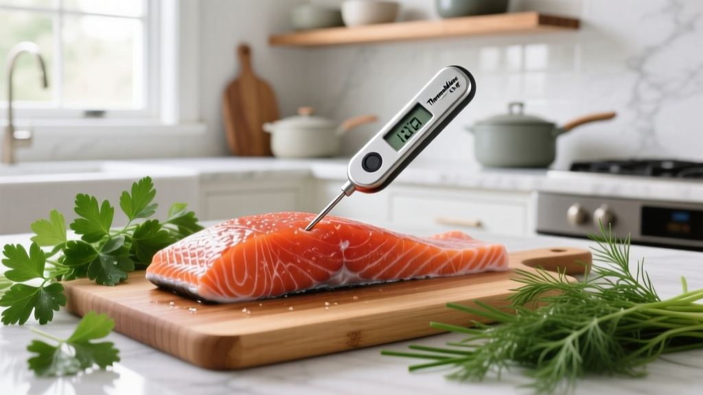 Stainless steel ThermoWorks Thermapen ONE probing wild-caught salmon on a bamboo cutting board next to fresh herbs in a bright kitchen