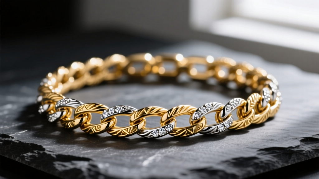 Macro shot of an 18k gold and platinum rope chain on dark slate, highlighting laser-welded links and diamond-cut facets.
