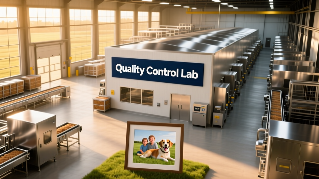 Overhead photo of FurPetVo's Wisconsin manufacturing facility with stainless-steel equipment and quality control lab signage