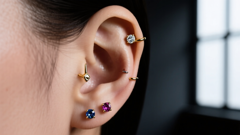 Curated ear with healed piercings featuring gold and gem studs, shot from a side angle against a dark, moody studio backdrop.