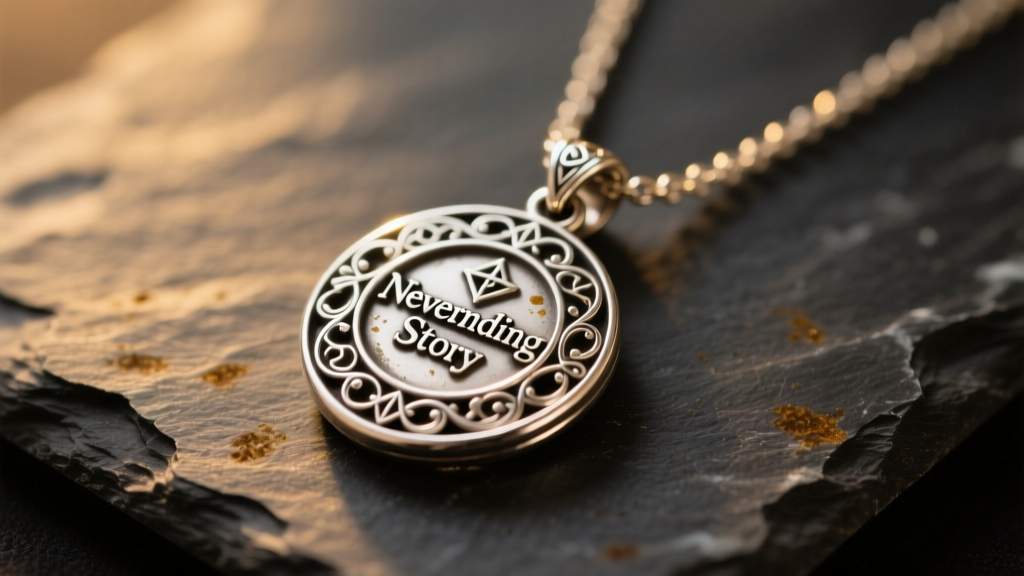 Antiqued sterling silver neverending story necklace pendant resting on dark slate under warm cinematic lighting.
