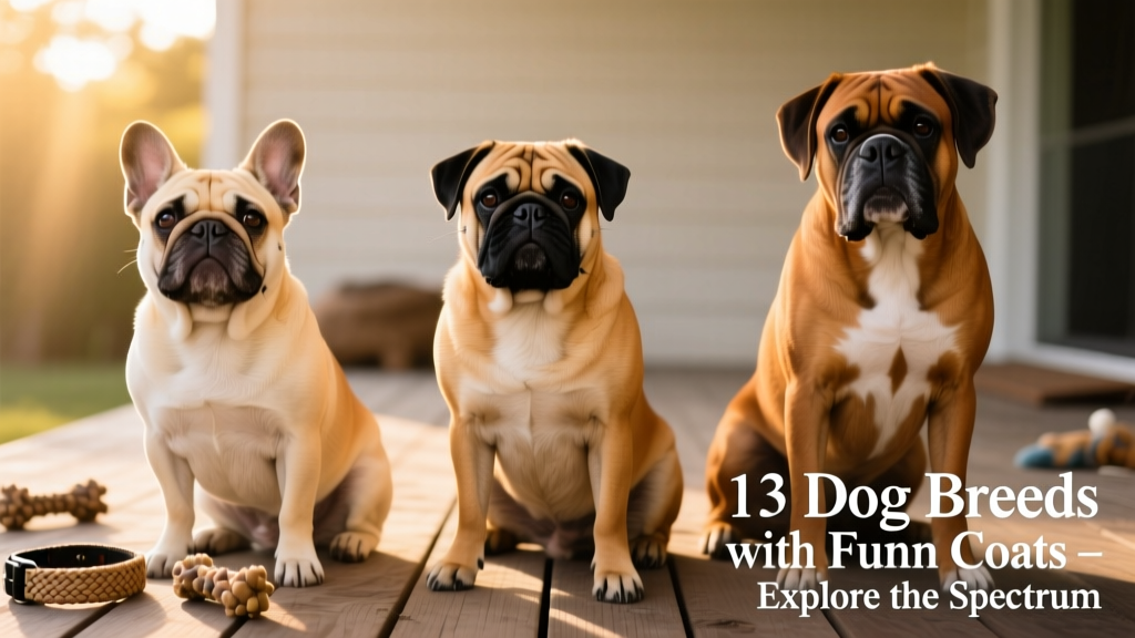 Side-by-side comparison of several fawn-coated dogs including a French Bulldog, Pug, and Boxer, highlighting variations in shade and mask intensity
