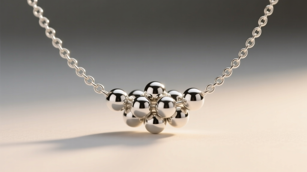 Macro view of a 2.4mm sterling silver bead chain necklace, showing wire links connecting polished spheres under studio lighting.