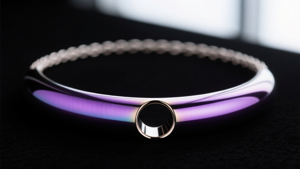 Macro shot of anodized ASTM F136 titanium breathing tube necklace in purple, showing smooth inner bore and polished outer edges.