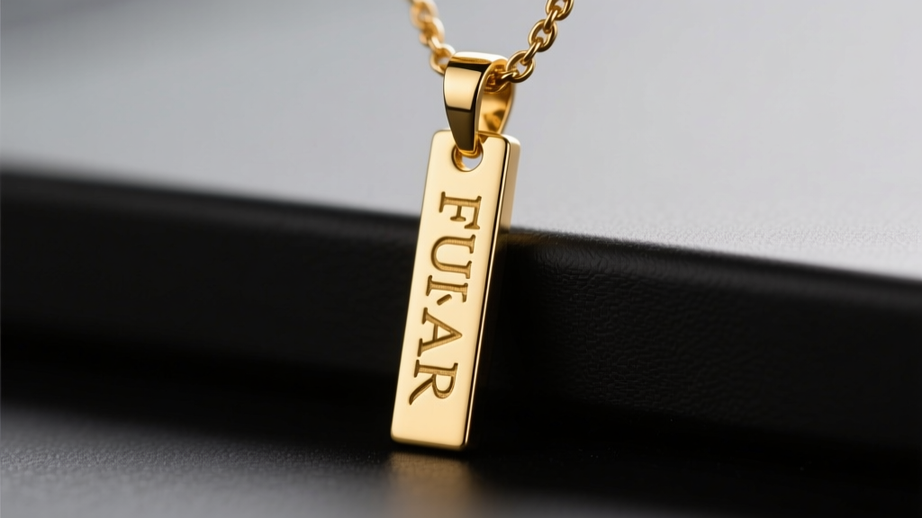Macro photography of a vertical bar name pendant showing the hidden bail attachment and laser-engraved serif typography on gold