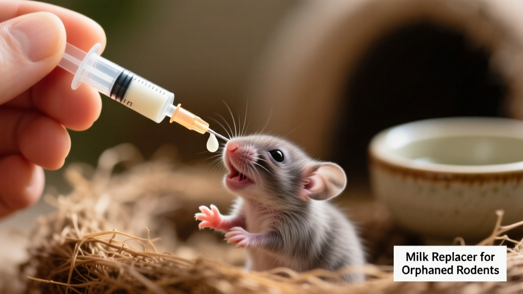 Hand holding a tiny syringe dispensing a single drop of milk replacer near a baby mouse’s mouth