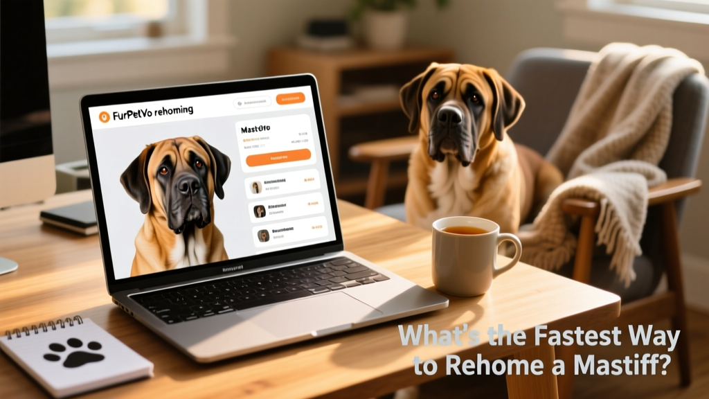 A laptop screen showing the FurPetVo rehoming dashboard with a Mastiff's profile and application submissions