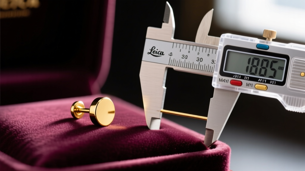 Close-up of an 18-gauge gold lobe stud resting on velvet next to a digital caliper measuring the exact wire thickness.