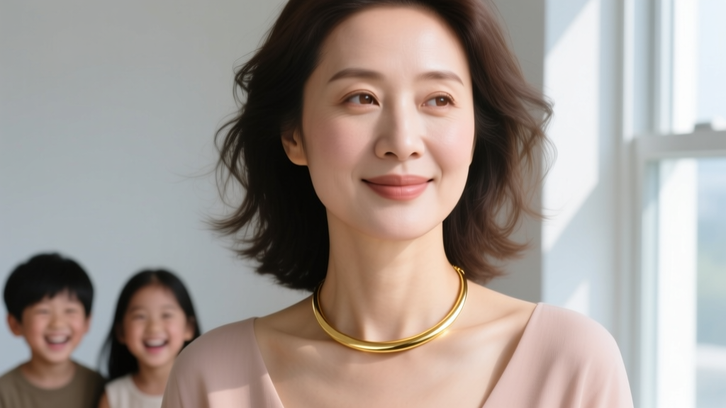 Close-up of a mother wearing a 14k solid gold horizontal bar necklace with children's names engraved in a modern script font.
