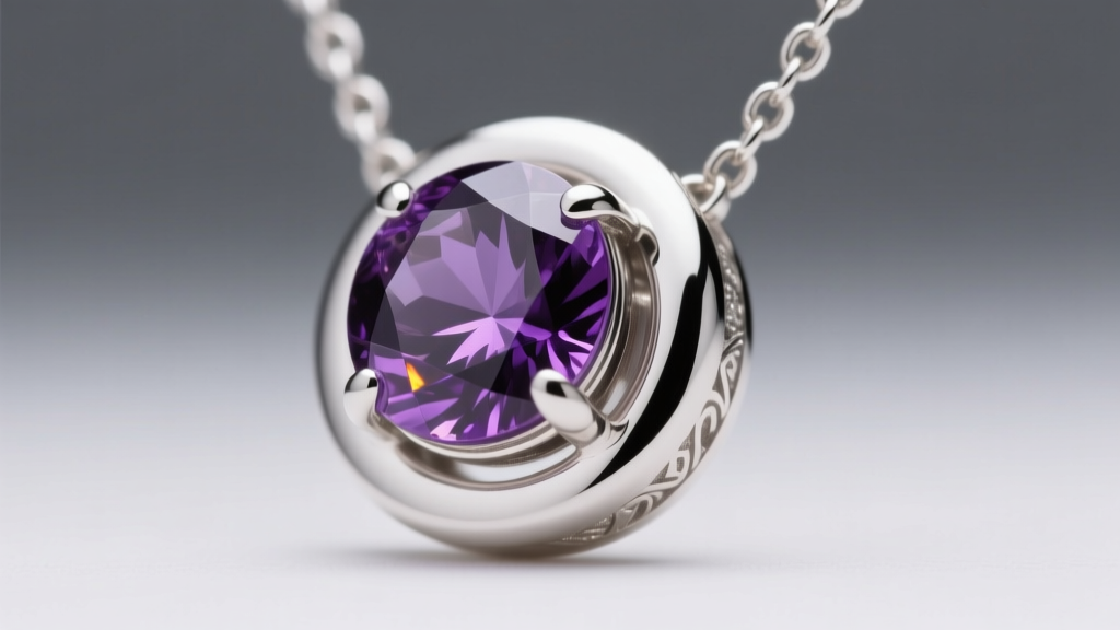 Close-up of a sterling silver interchangeable necklace bezel with a partially inserted round-cut amethyst, studio lighting.