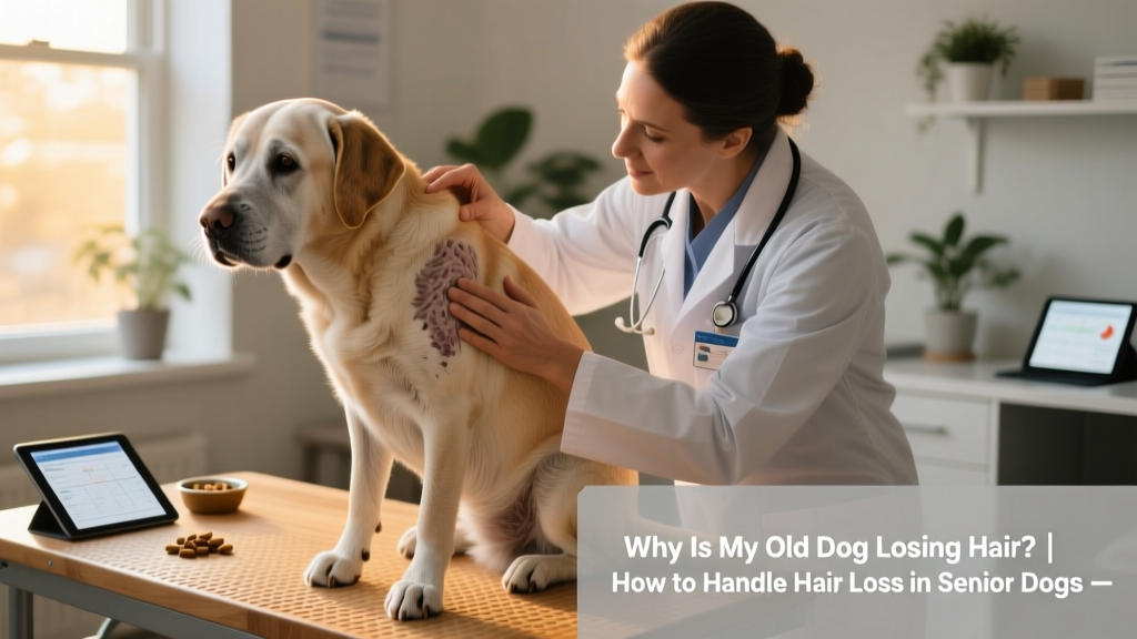 Veterinarian gently examining a senior dog's skin and coat during a routine checkup
